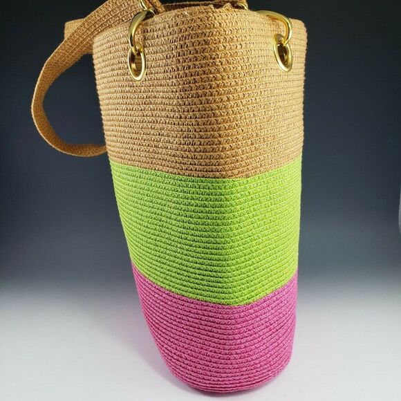 Woven Paper Straw w Metal Trim Purse Tote Beach Bag Green Pink Tan Footed Lined - Picture 5 of 11